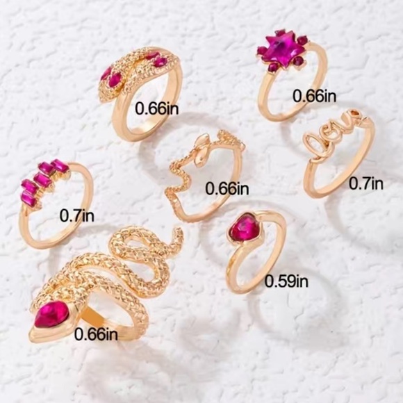 Pink Gemstone Snake Heart Gold  Ring Set 7pc - Picture 6 of 6